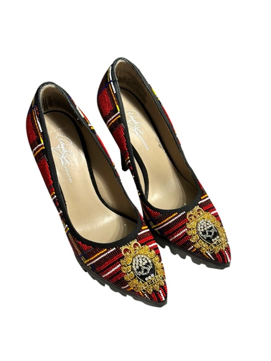 Donald J. Pliner Shoes - DONALD J PLINER RED BEADED TARTAN ROYAL SKULL CREST PUMPS SZ 8.5 RARE